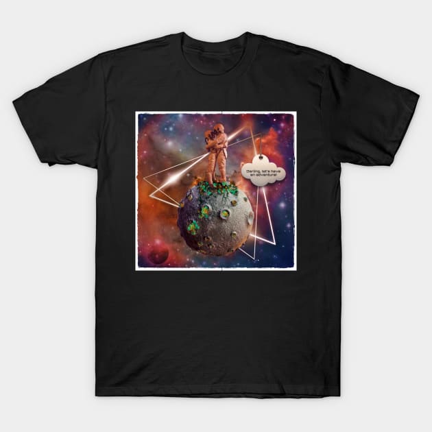 Surreal Astronaut Couple on Tiny Planet in Space Having an Adventure T-Shirt by OrionLodubyal